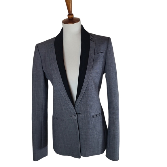 Theory Modern Donelly Wool Contrasy Lapel Trim Gray Blazer Jacket 2 Preowned - Picture 2 of 9